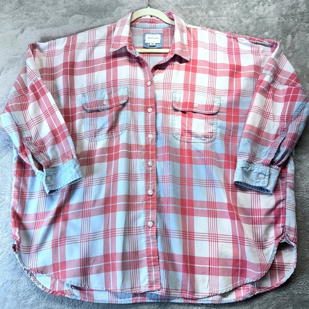 American Eagle Oversized Plaid Shirt Womens XL Pink Blue Cotton Button Down Fall - Picture 8 of 16